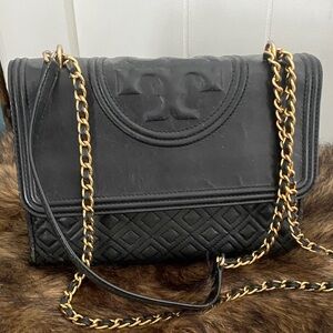 Tory Burch Black Quilted Shoulder Bag with Gold Chain